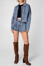 Zip Up Jacket and Drawstring Shorts Denim Set