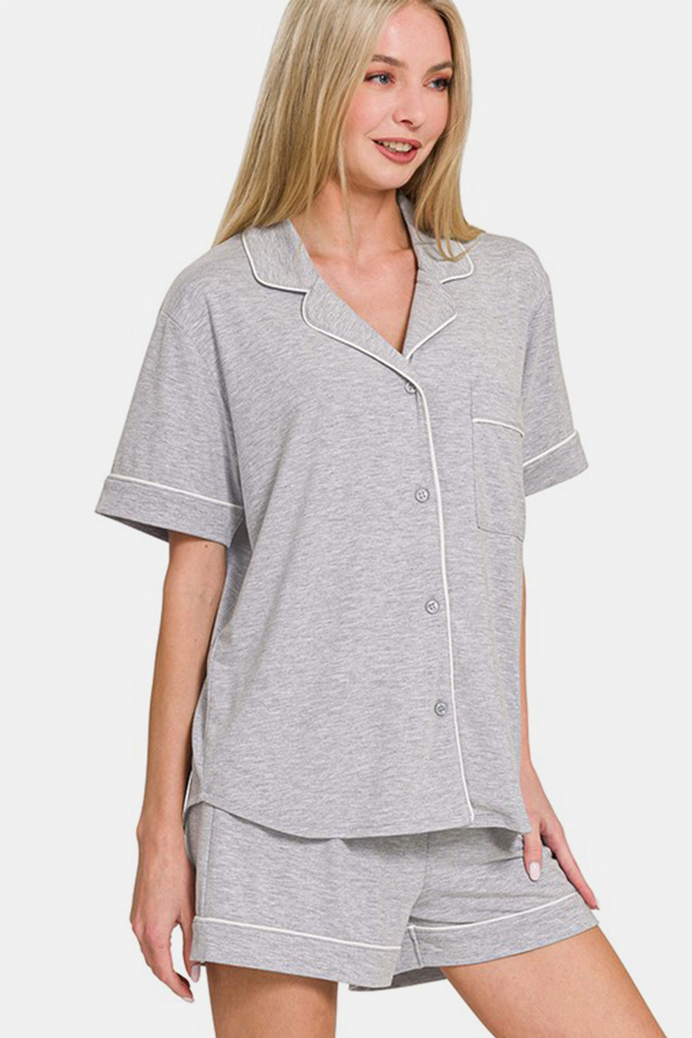 Zenana Button Down Short Sleeve Top and Shorts Lounge Set - felvior