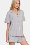 Zenana Button Down Short Sleeve Top and Shorts Lounge Set - felvior