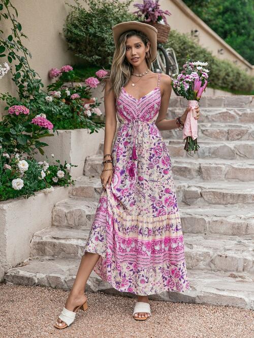 Tassel Printed V-Neck Maxi Dress - felvior