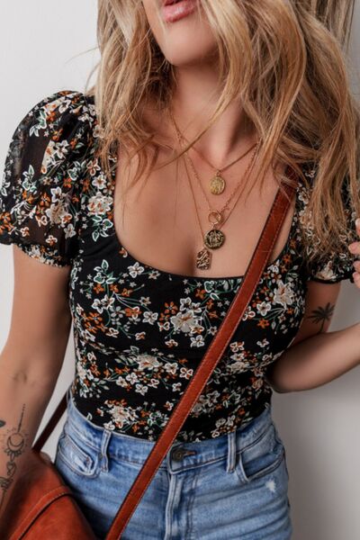 Printed Scoop Neck Short Sleeve Bodysuit - felvior