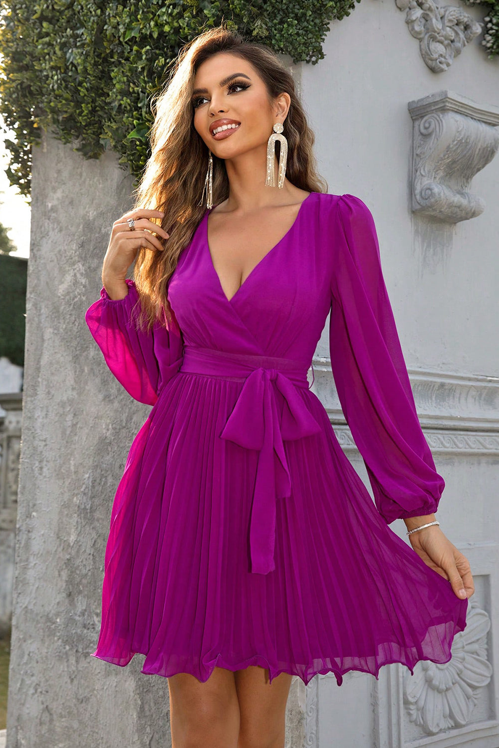 Tied Surplice Neck Pleated Dress - felvior