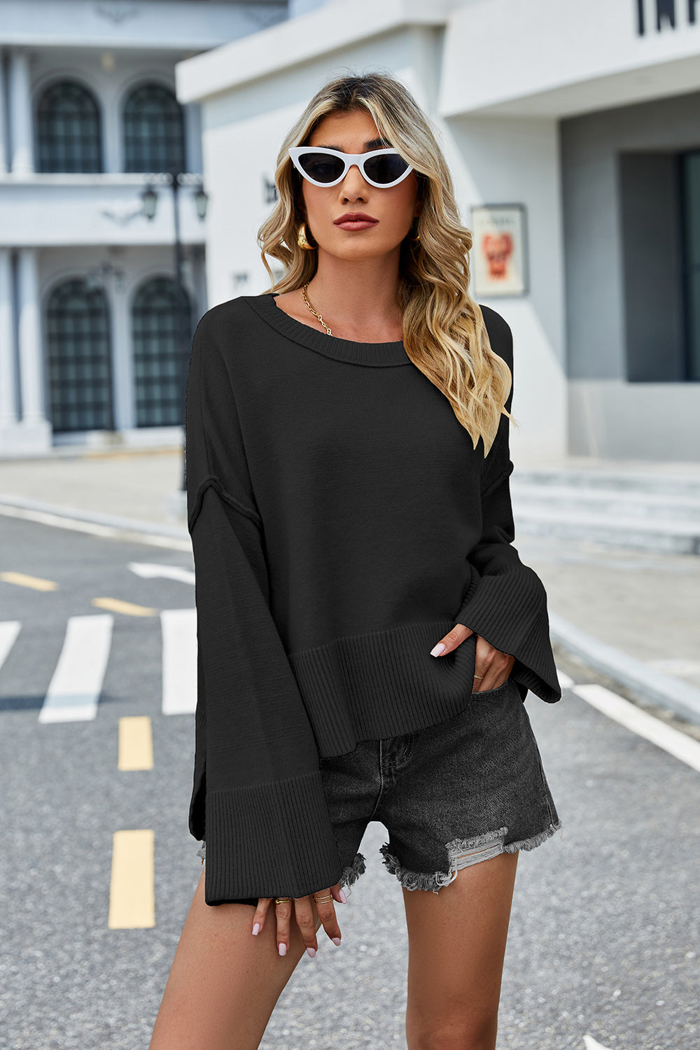 High-Low Slit Round Neck Long Sleeve Sweater - felvior