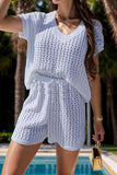 Openwork Short Sleeve Top and Shorts Cover Up Set - felvior