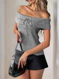Perfee Tied Off-Shoulder Short Sleeve Knit Top - felvior