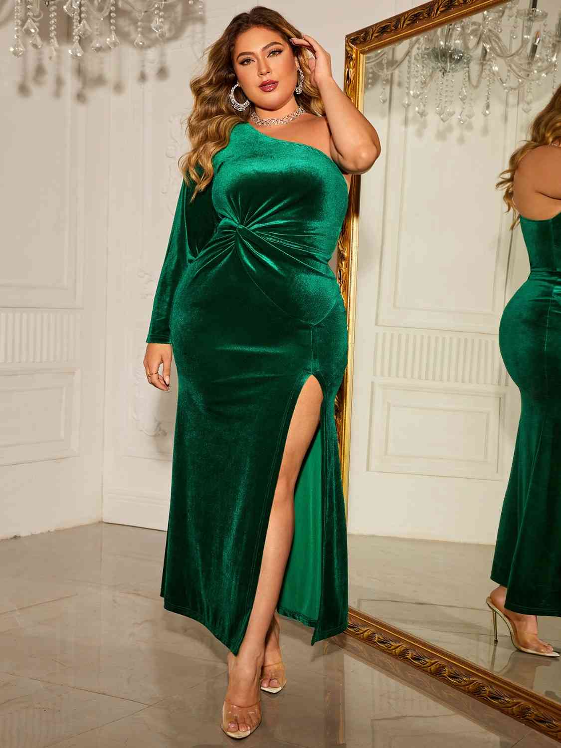 Honey Plus Size One-Shoulder Twisted Split Dress - felvior