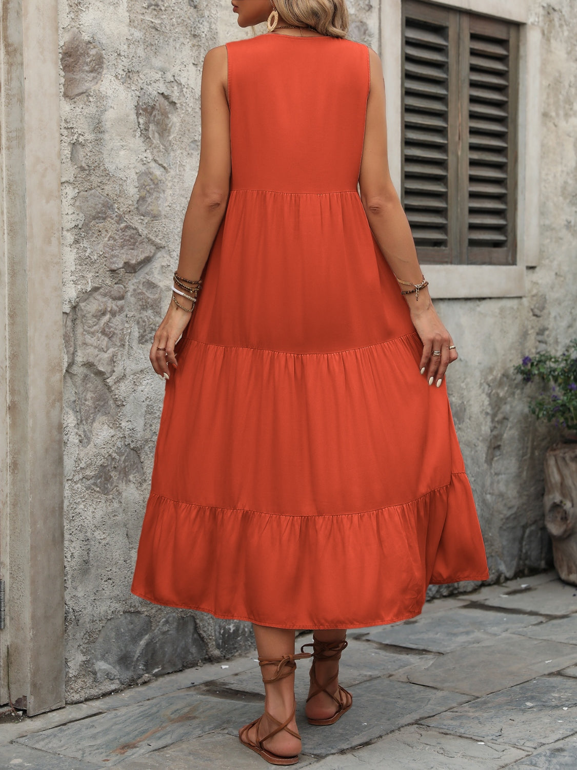 Ivy Lane Decorative Button Notched Sleeveless Dress - felvior