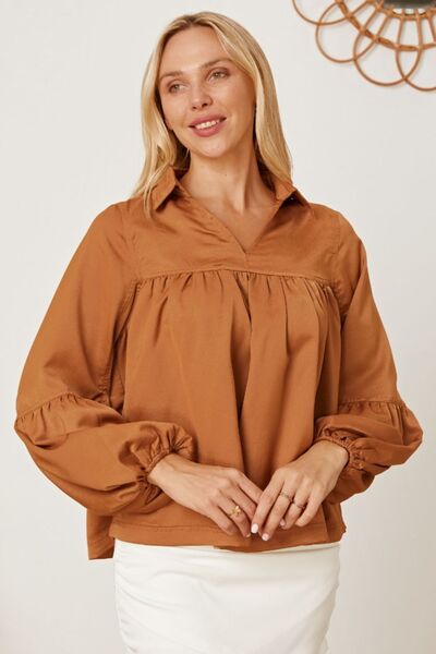 Balloon Sleeve Collared Neck Blouse - felvior