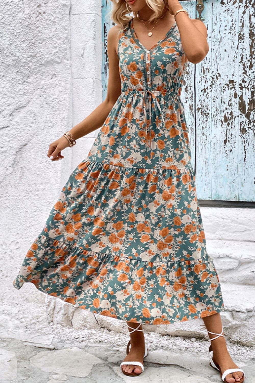 Perfee Floral V-Neck Tiered Sleeveless Dress - felvior