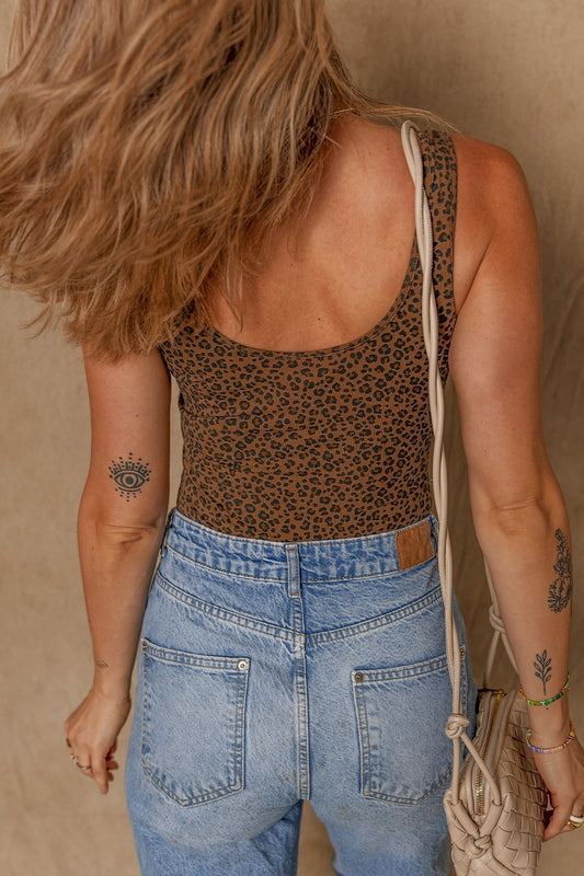 Leopard Scoop Neck Wide Strap Bodysuit - felvior