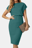 Boat Neck Short Sleeve Knee-Length Dress - felvior