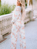 Printed Long Sleeve Top and Wide Leg Pants Lounge Set - felvior