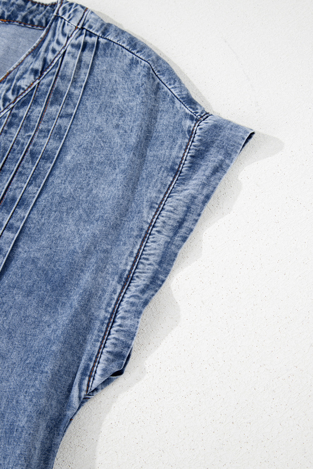 Tie V Neck Tucking Detail Short Sleeve Denim Dress - felvior