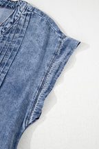 Tie V Neck Tucking Detail Short Sleeve Denim Dress