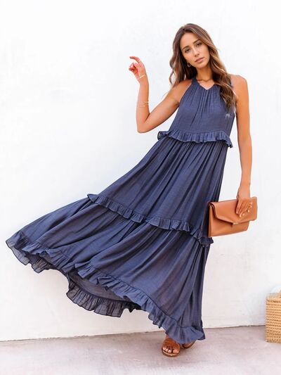 Ruffled Sleeveless Tiered Maxi Dress with Pockets - felvior