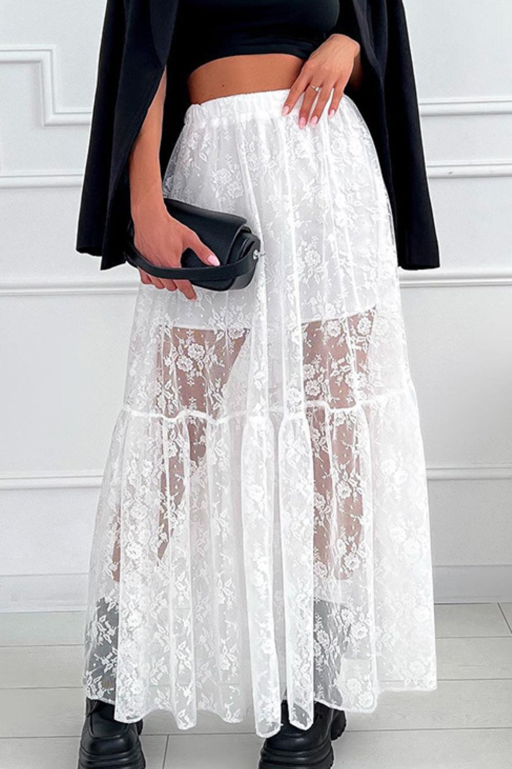 Lace Elastic Waist Maxi Skirt - felvior
