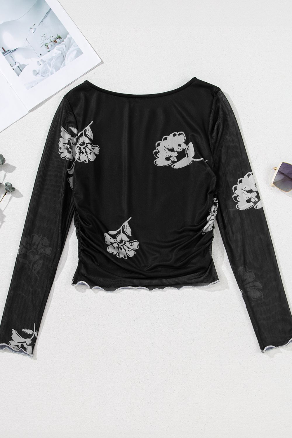 Floral Mesh Lettuce Edge Ruched Slim Long Sleeve Top - felvior