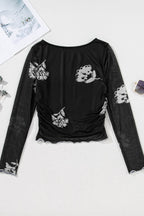 Floral Mesh Lettuce Edge Ruched Slim Long Sleeve Top