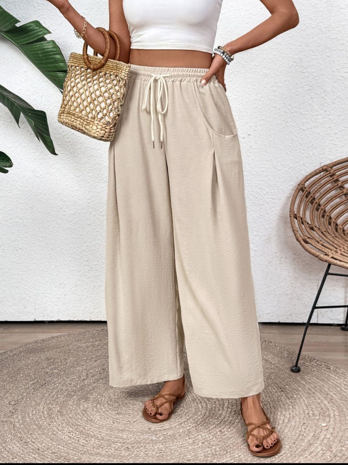 Perfee Drawstring Wide Leg Pants - felvior