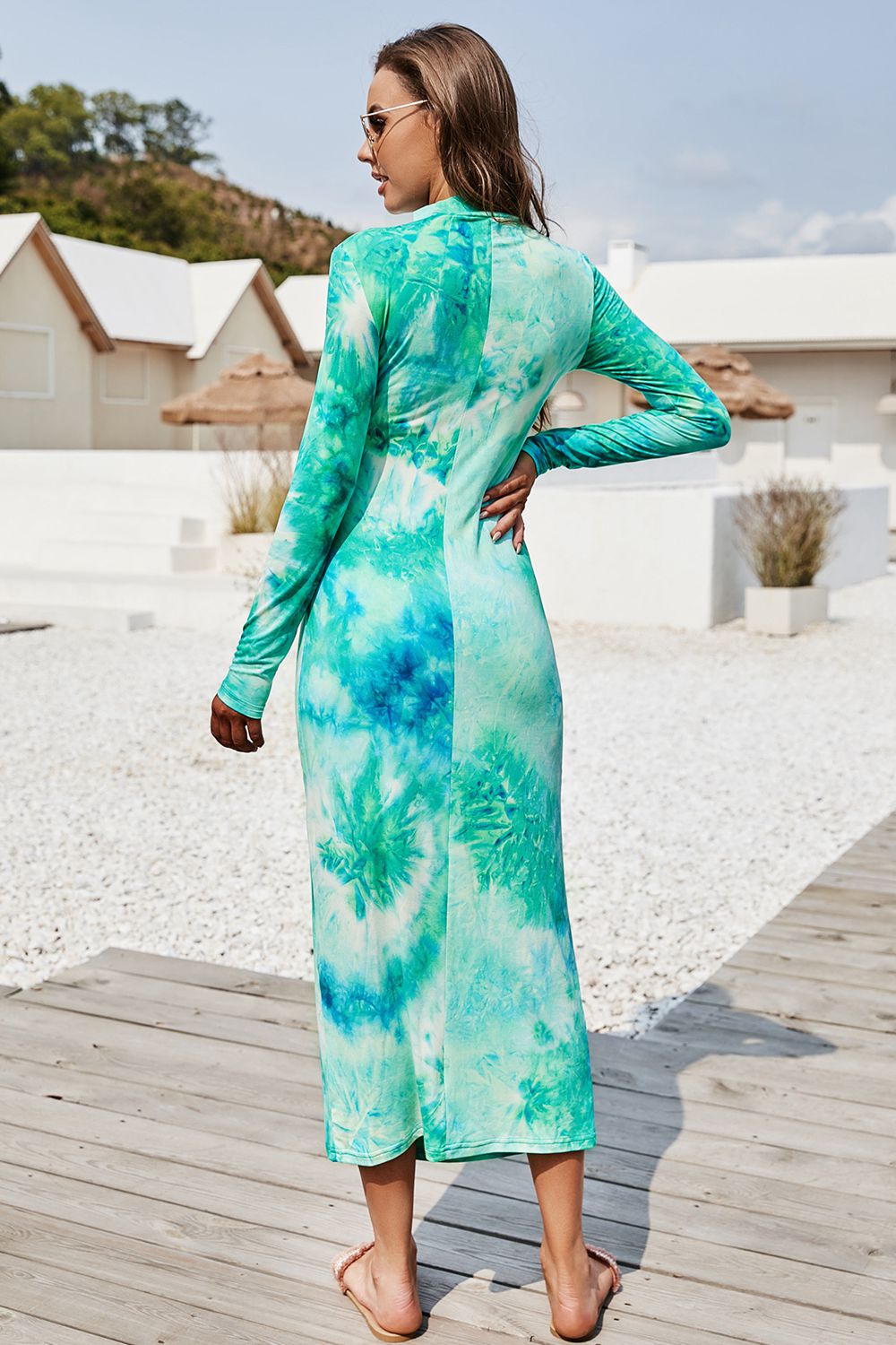 Tie Dye Mock Neck Long Sleeve Dress - felvior