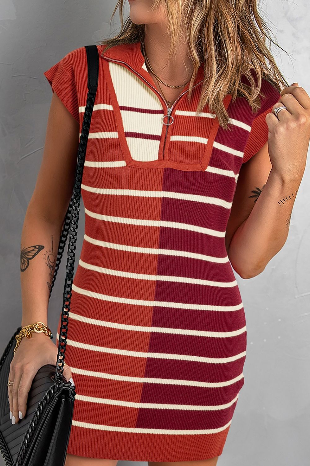Striped Quarter Zip Cap Sleeve Sweater Dress - felvior