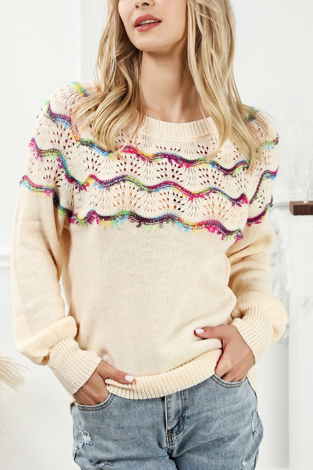 Openwork Wavy Striped Round Neck Sweater - felvior