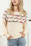 Openwork Wavy Striped Round Neck Sweater - felvior