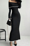 Contrast Trim Off-Shoulder Long Sleeve Maxi Sweater Dress - felvior