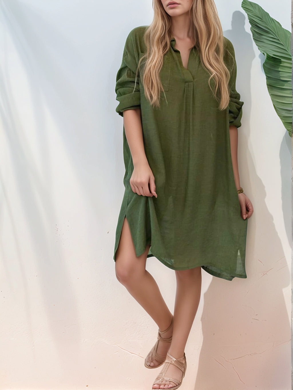 Full Size Side Slit Roll-Tab Sleeve Mini Shirt Dress Plus Size