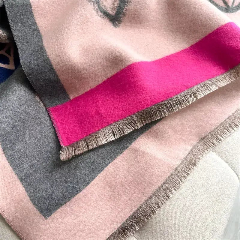 Alt Tag: raw hem polyester scarf with fringe edge, pink and gray color-block design, lightweight imported 1-piece