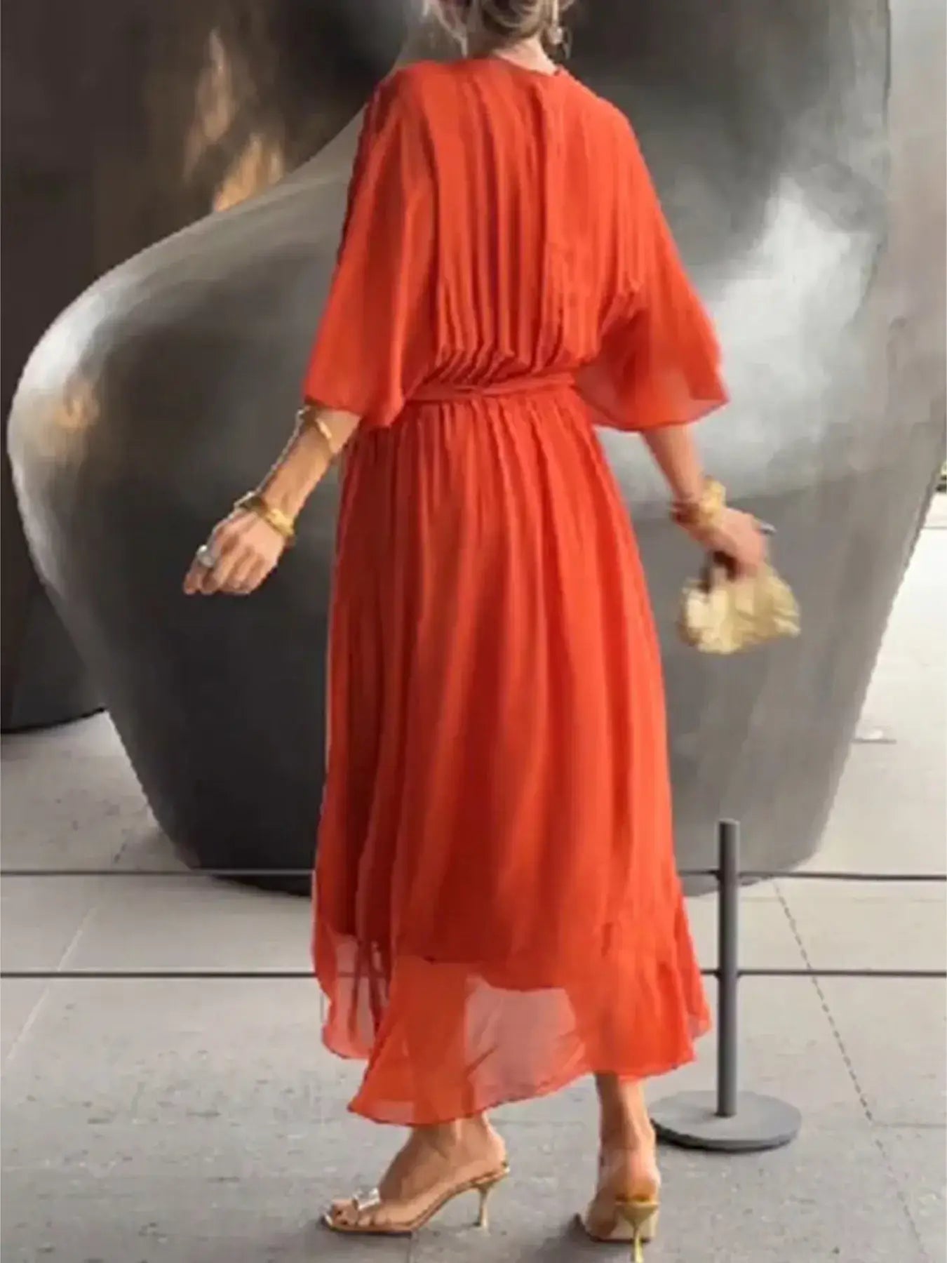 Full Size Flowy Tie Front Midi Dress with Flutter Sleeves Plus Size