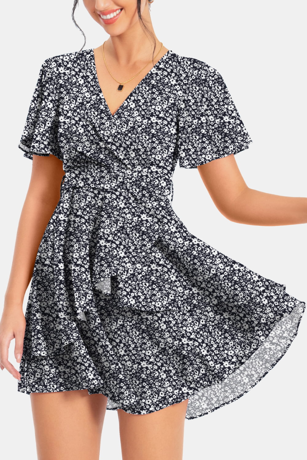 Surplice Neck Flutter Sleeve Dress - felvior