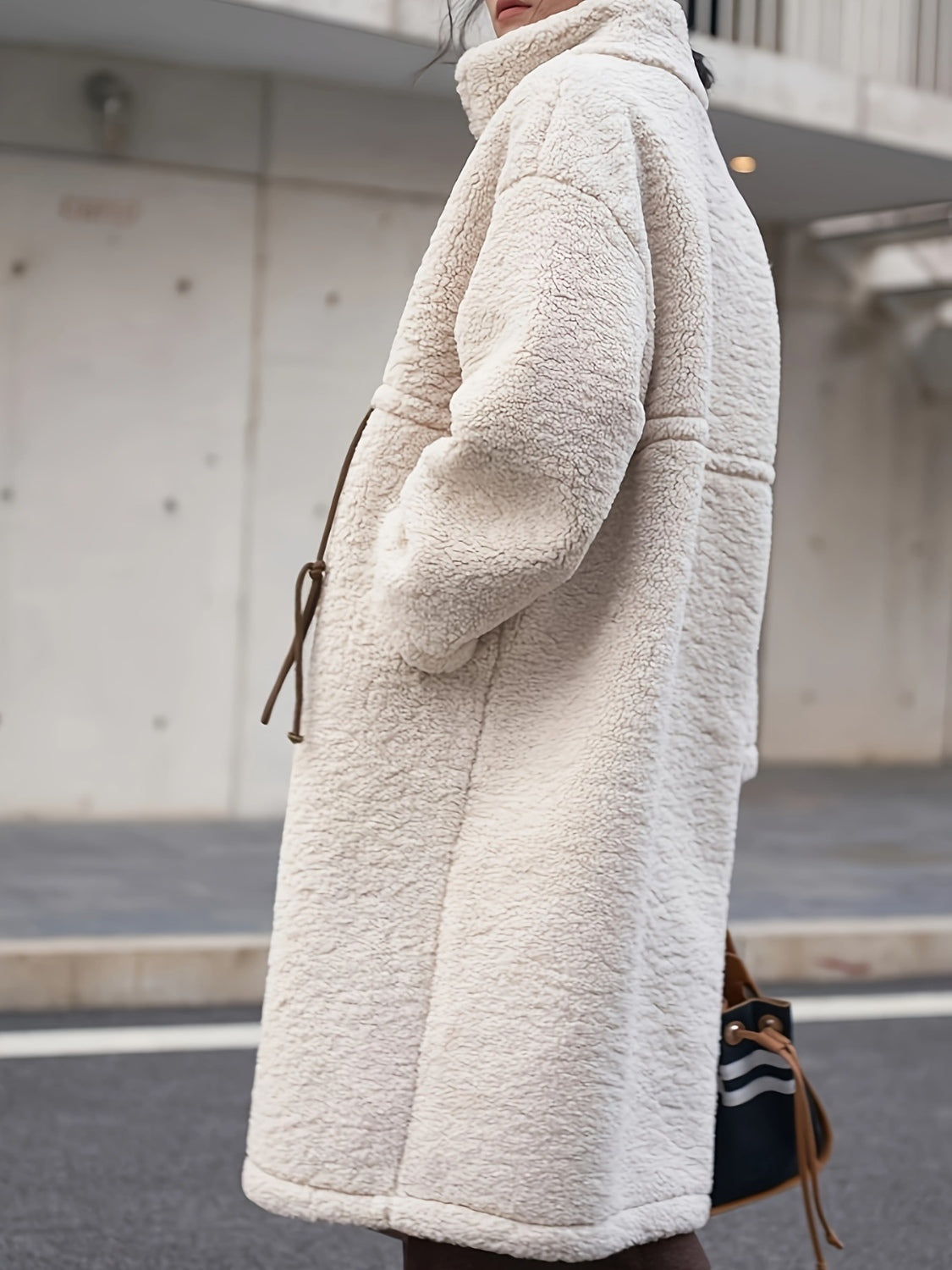 Plus Size Drawstring Zip Up Turtleneck Sherpa Coat - felvior