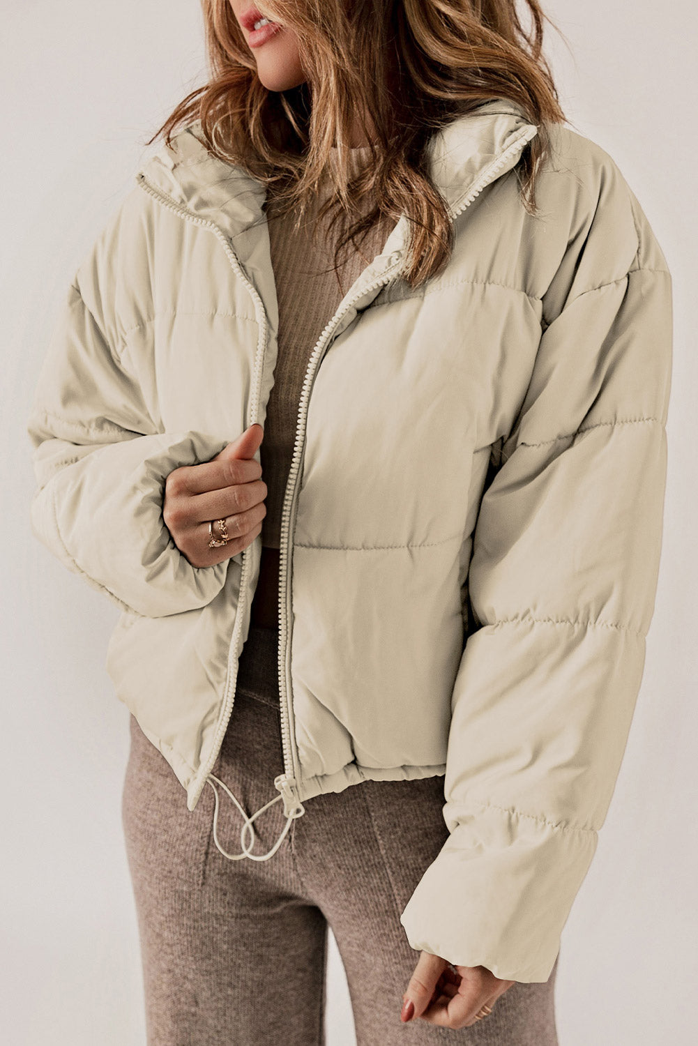 Zip Up Collared Neck Long Sleeve Winter Coat - felvior