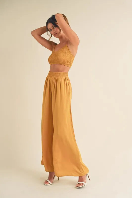 MABLE Smocked Bralette Crop Top and Wide Leg Pants Set