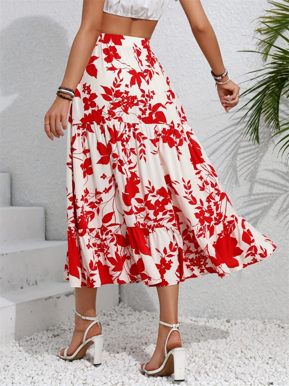 Ruffled Hem Printed Midi Skirt - felvior
