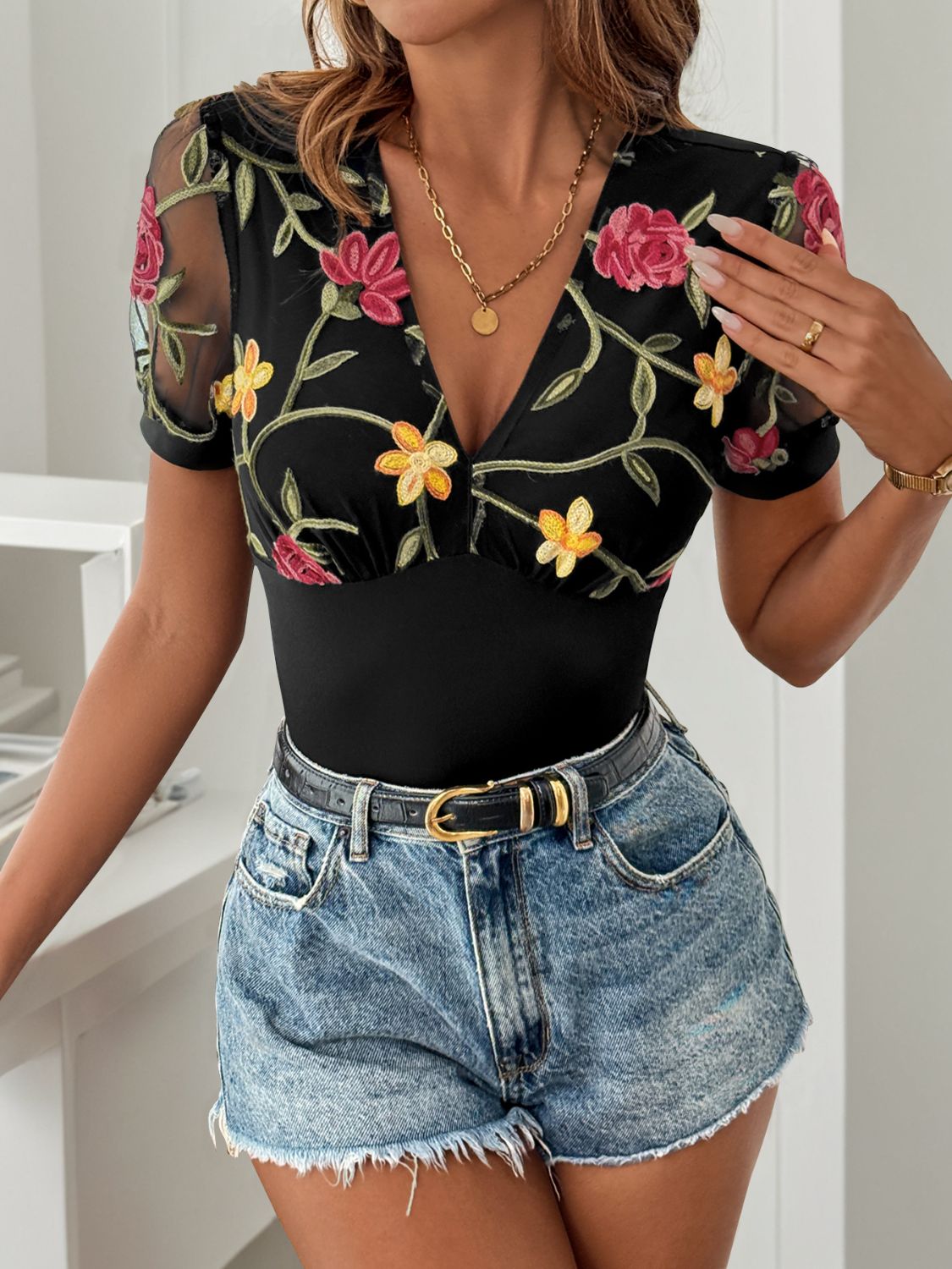 Perfee Embroidered V-Neck Floral Bodysuit - felvior