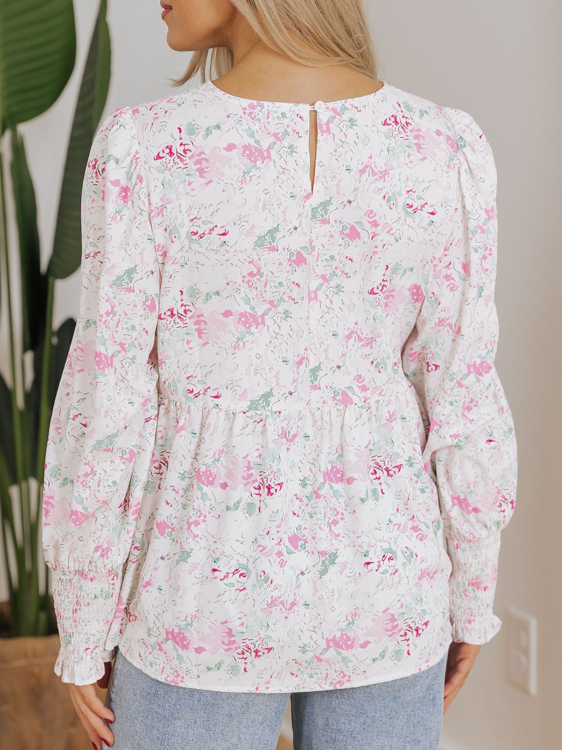 Printed Round Neck Long Sleeve Blouse - felvior