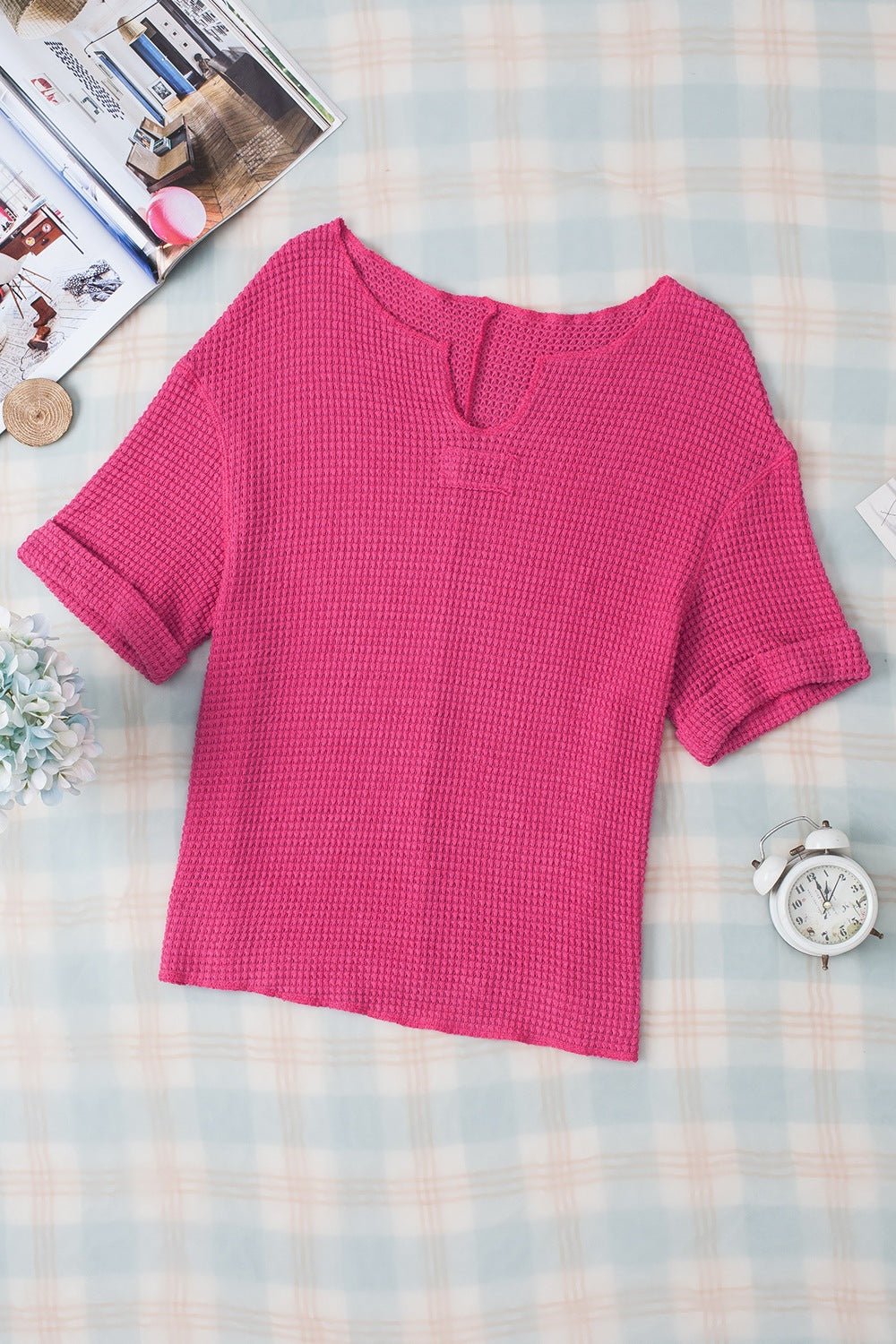 Textured Cuffed Short Sleeve Top - felvior