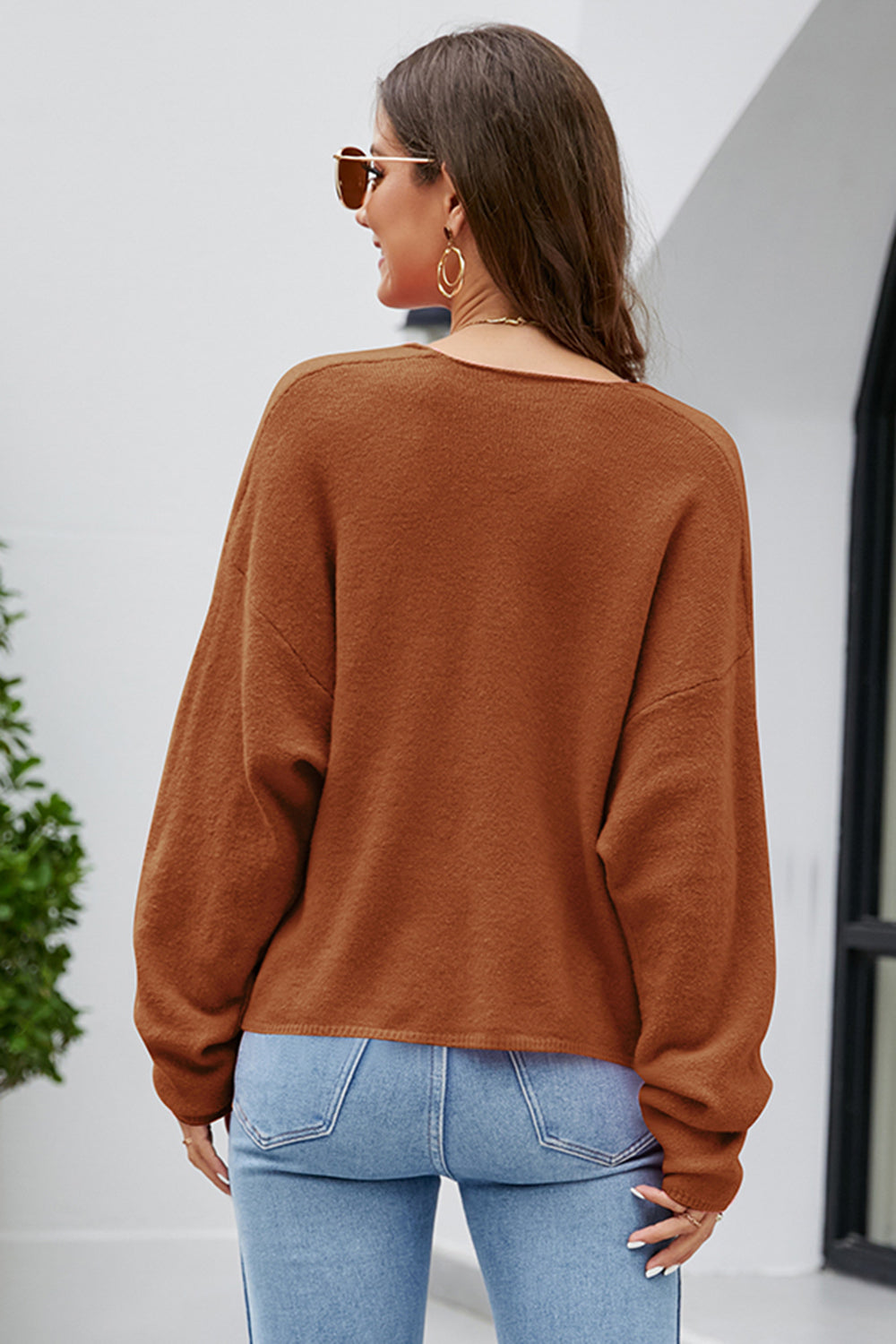 V-Neck Drop Shoulder Long Sleeve Knit Top - felvior