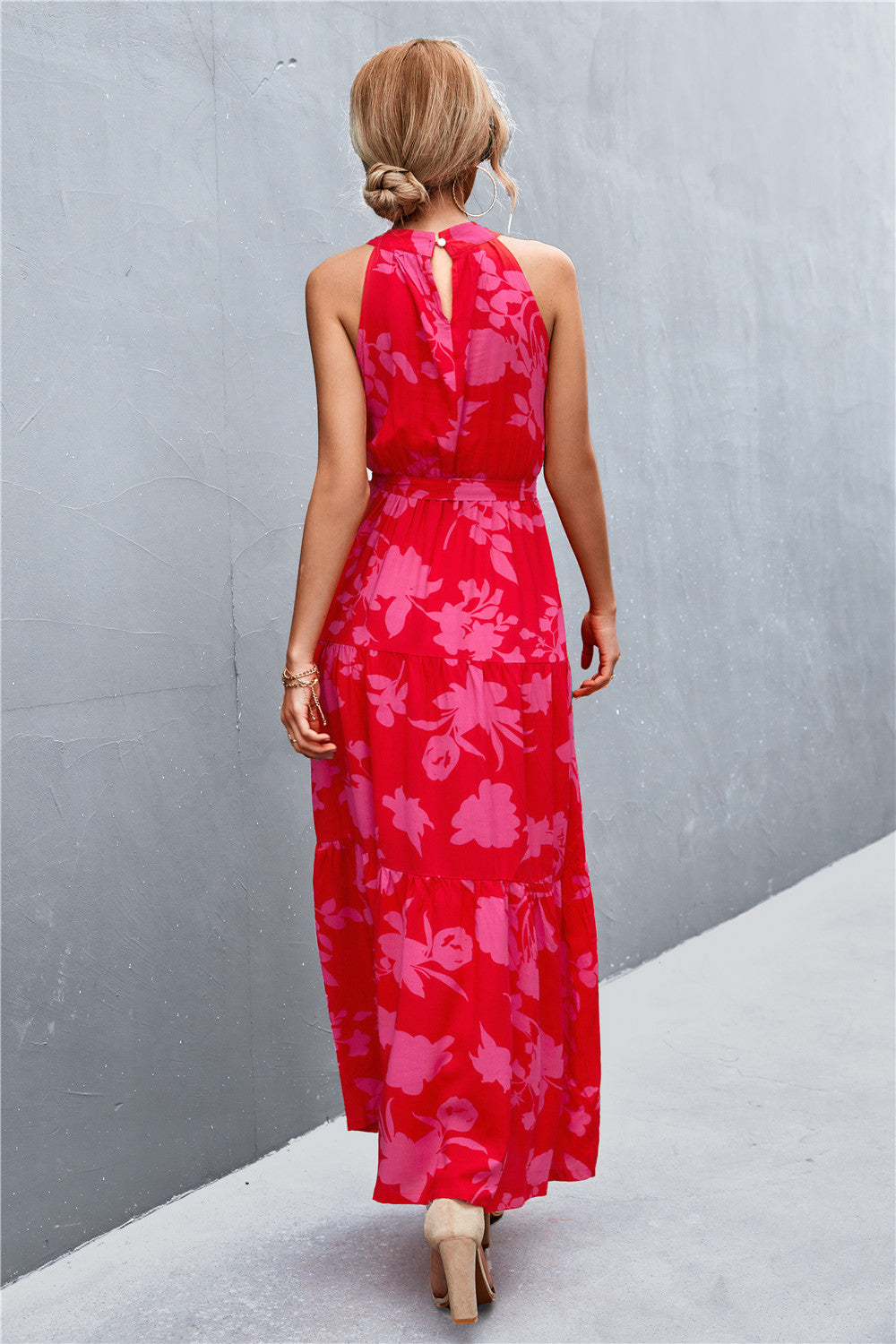 Printed Sleeveless Tie Waist Maxi Dress - felvior