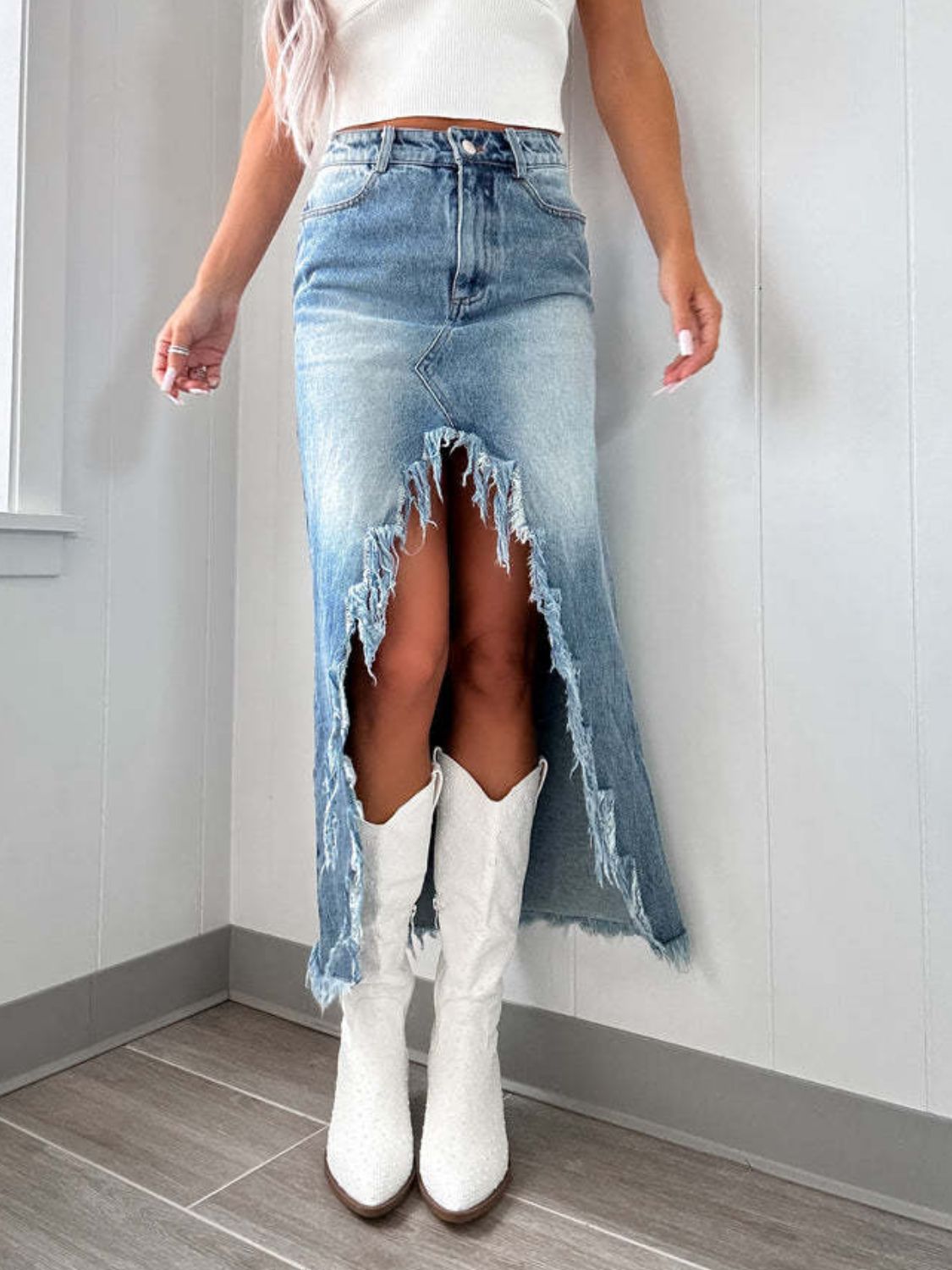 High-Waist Raw Hem Asymmetry Denim Skirt - felvior