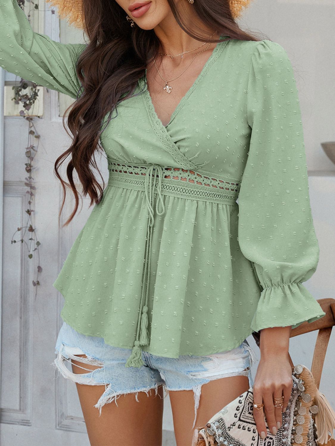 Devine Swiss Dot Lace Detail Surplice Flounce Sleeve Blouse - felvior