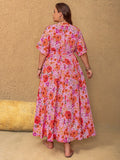 Plus Size Slit Floral V-Neck Half Sleeve Maxi Dress - felvior