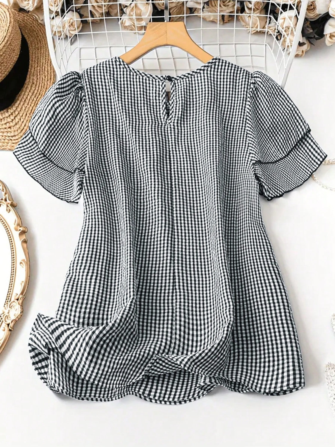 Smocked Plaid Round Neck Layered Short Sleeve Blouse - felvior