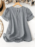 Smocked Plaid Round Neck Layered Short Sleeve Blouse - felvior