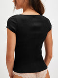 Lovelet Round Neck Button Up Short Sleeve Top - felvior