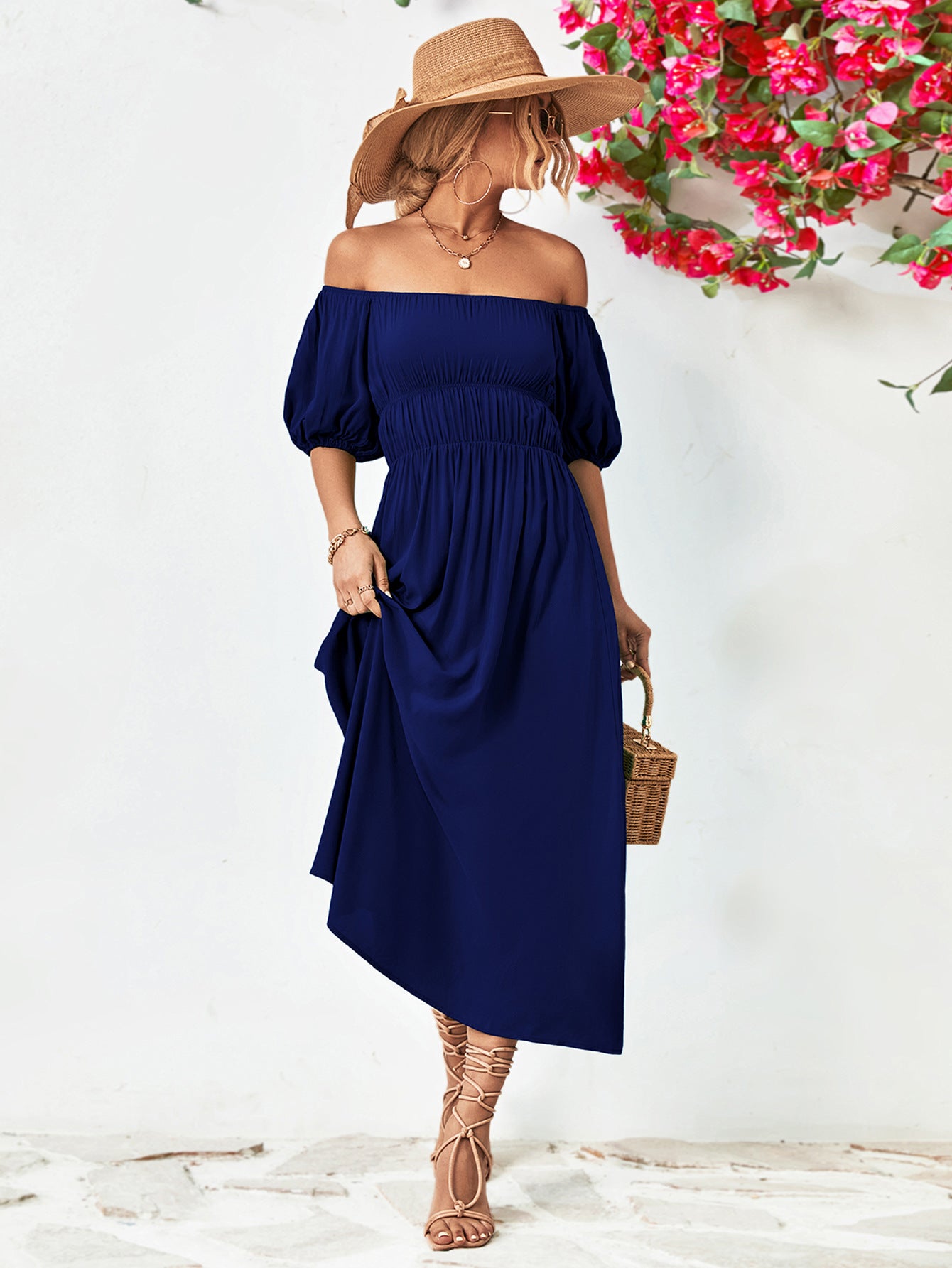 Off-Shoulder Balloon Sleeve Midi Dress - felvior