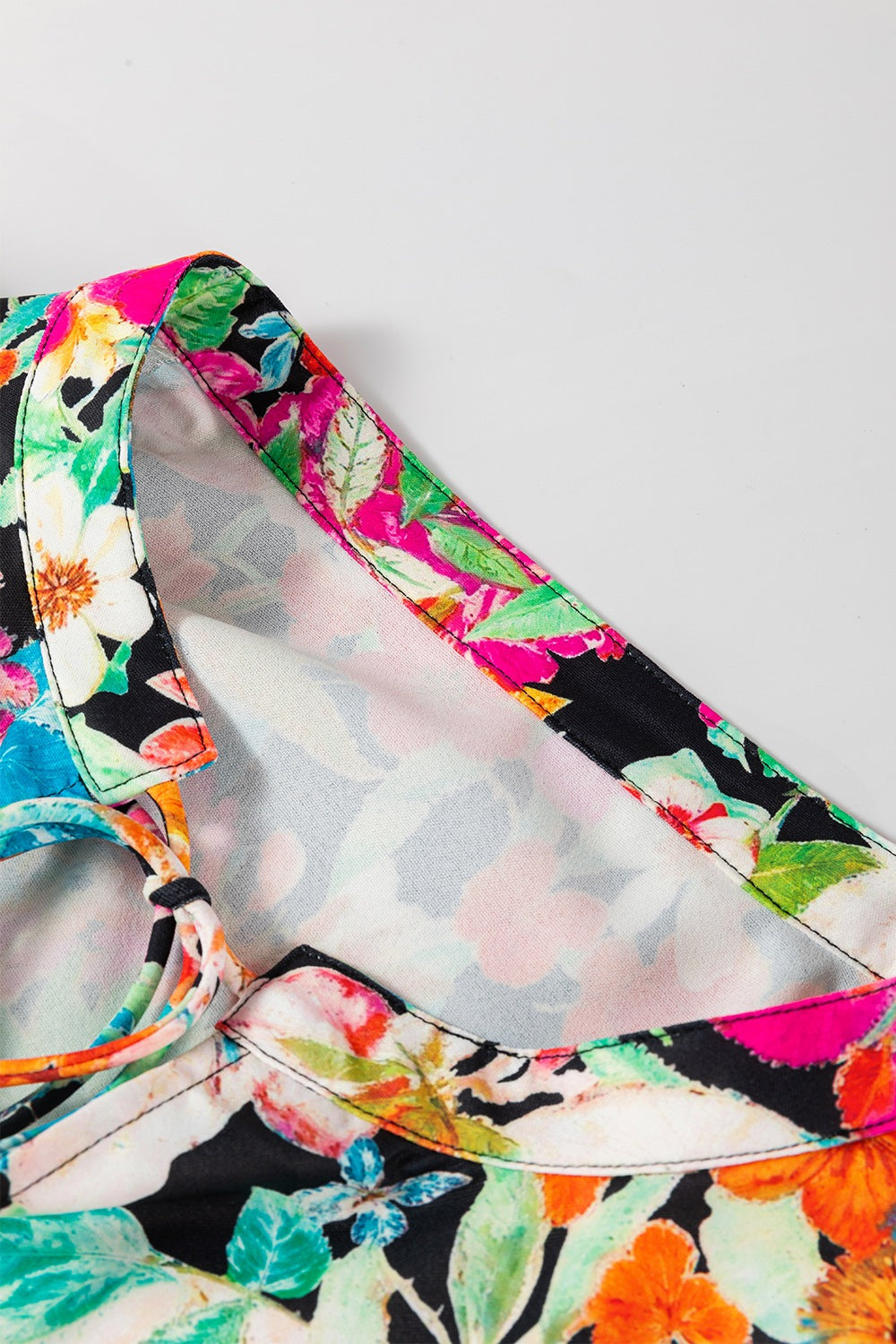 Floral Tie Neck Balloon Sleeve Blouse - felvior