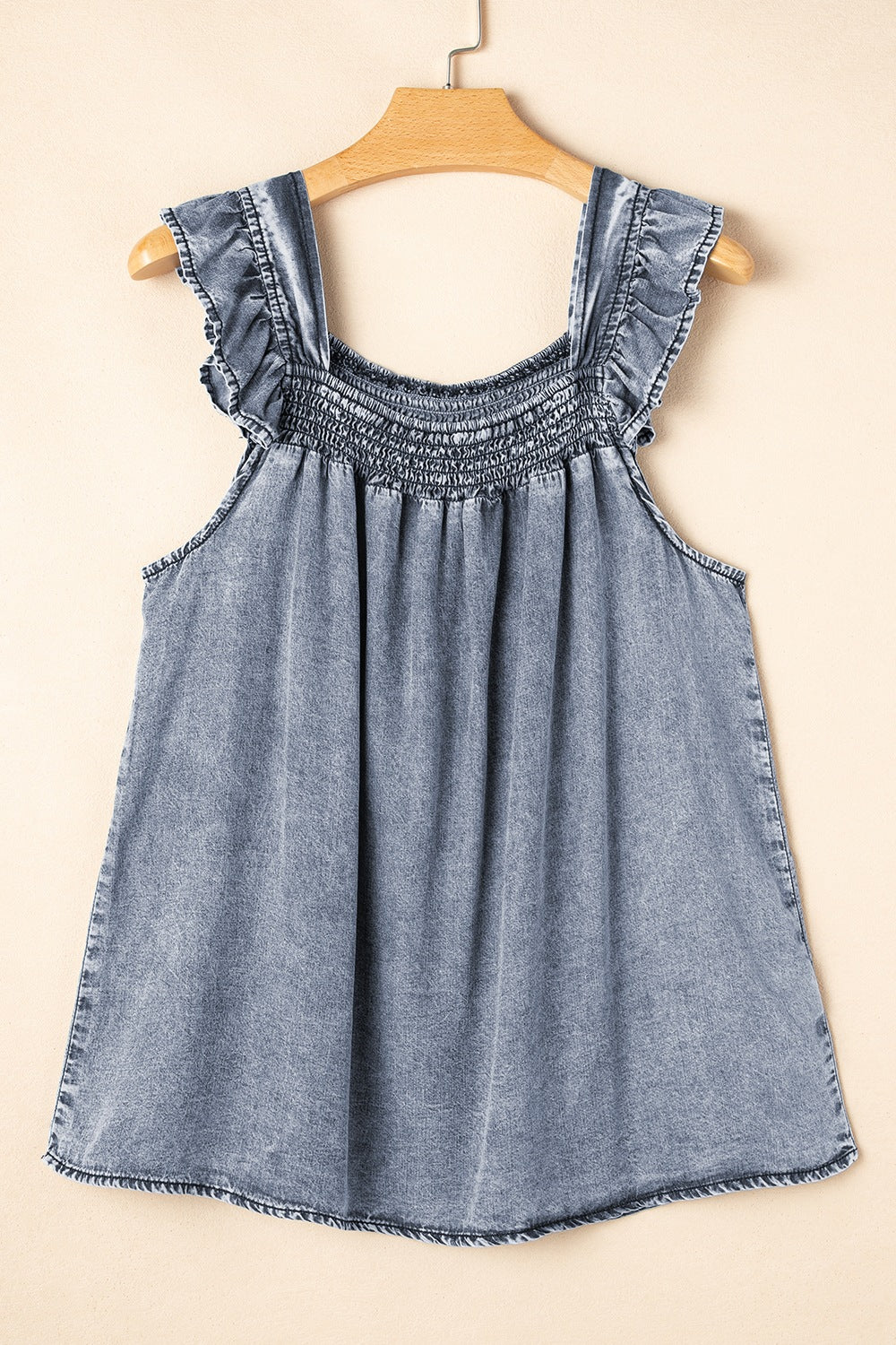 Ruffled Shirred Denim Top